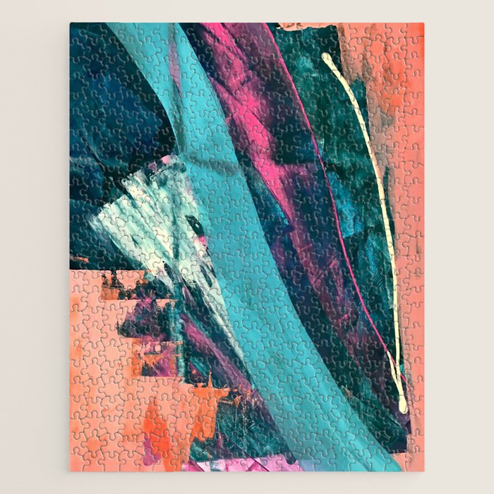 Wild [7]: A Bold, Colorful Abstract Mixed-Media Piece In Teal, Orange, Neon Blue, Pink And White Jigsaw Puzzle