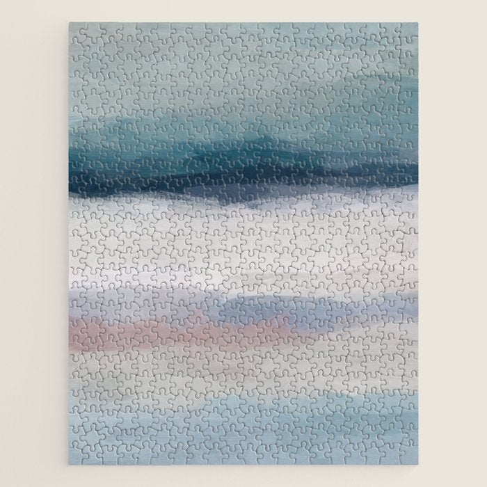 Lullaby Waves Iii - Dark Teal Blue White Pink Light Blue Modern Art, Ocean Waves Nursery Beach Jigsaw Puzzle