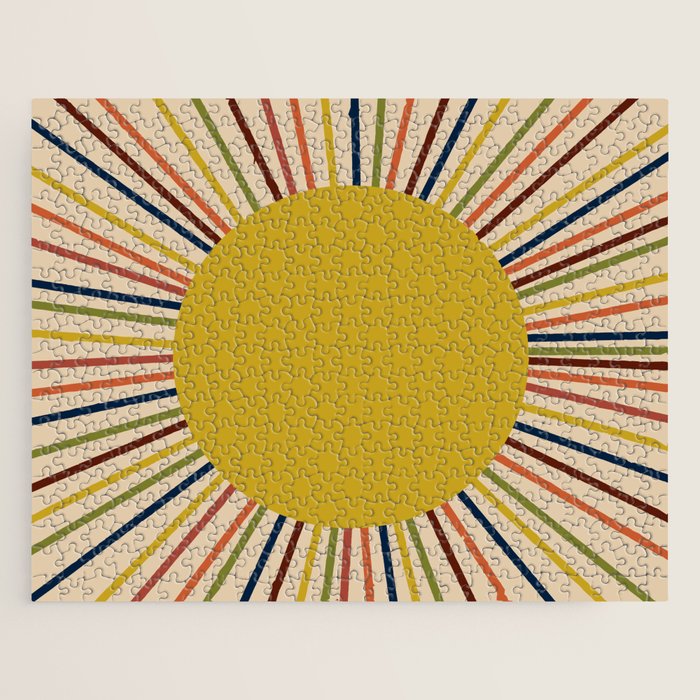 Mid-Century Modern Sunburst - Minimalist Abstract Sun In Mid Mod Mustard, Orange, Olive, Blue, And Beige Jigsaw Puzzle