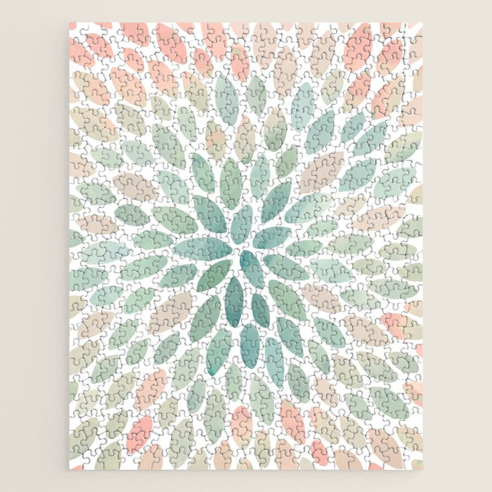 Floral Bloom, Abstract Watercolor, Coral, Peach, Green, Floral Prints Jigsaw Puzzle
