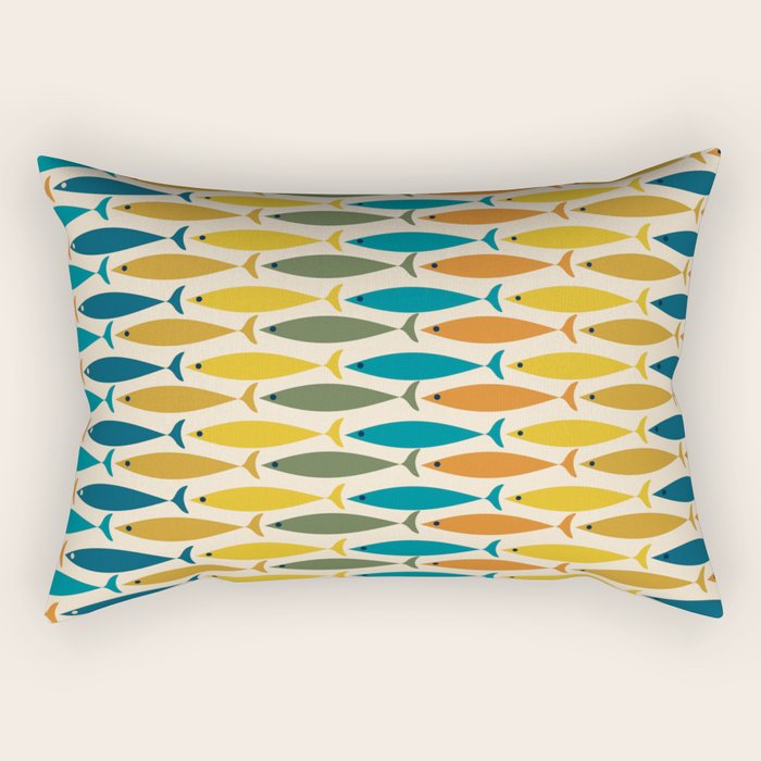 Mid-Century Modern Fish Stripes In Moroccan Teal, Green, Orange, Mustard, And Cream Rectangular Pillow