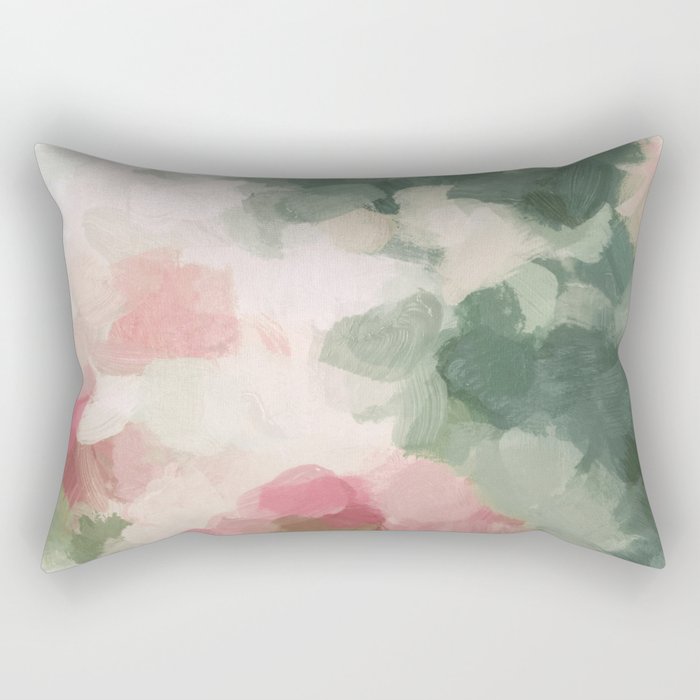 Rose Garden - Forest Sage Green Fuchsia Pink Floral Rose Garden Abstract Flower Painting Art Print Rectangular Pillow