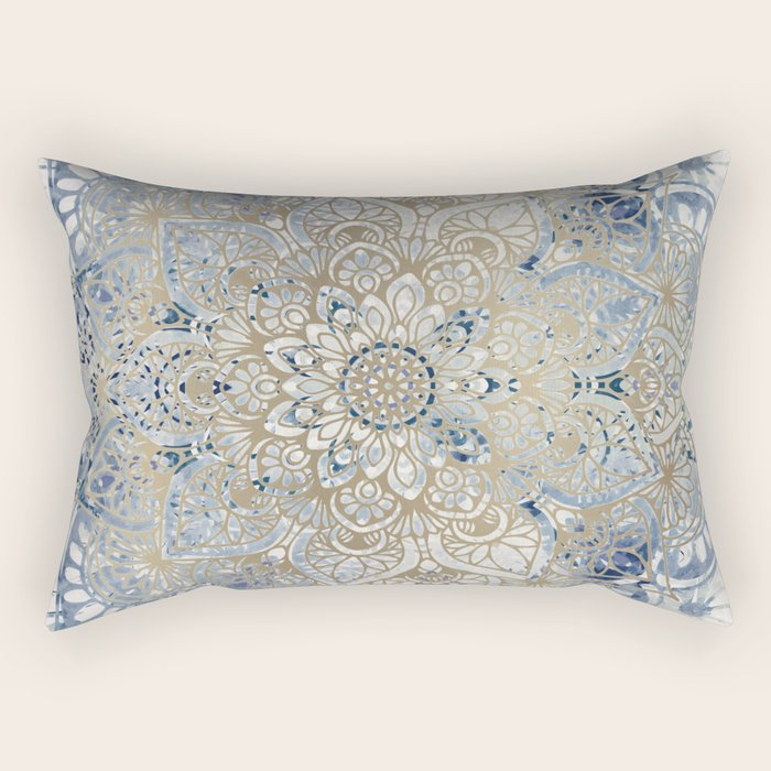 Mandala Flower, Blue And Gold, Floral Prints Rectangular Pillow