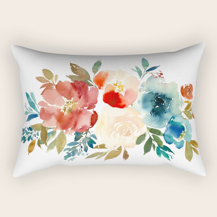 Red Turquoise Teal Floral Watercolor Rectangular Pillow