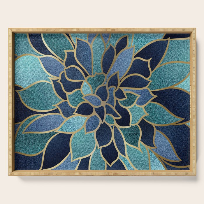 Festive, Floral Prints, Navy Blue, Teal And Gold Serving Tray