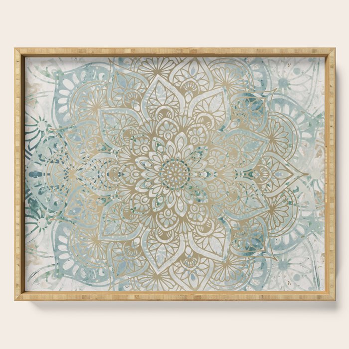 Yoga, Mandala, Teal And Gold, Wall Art Boho Serving Tray