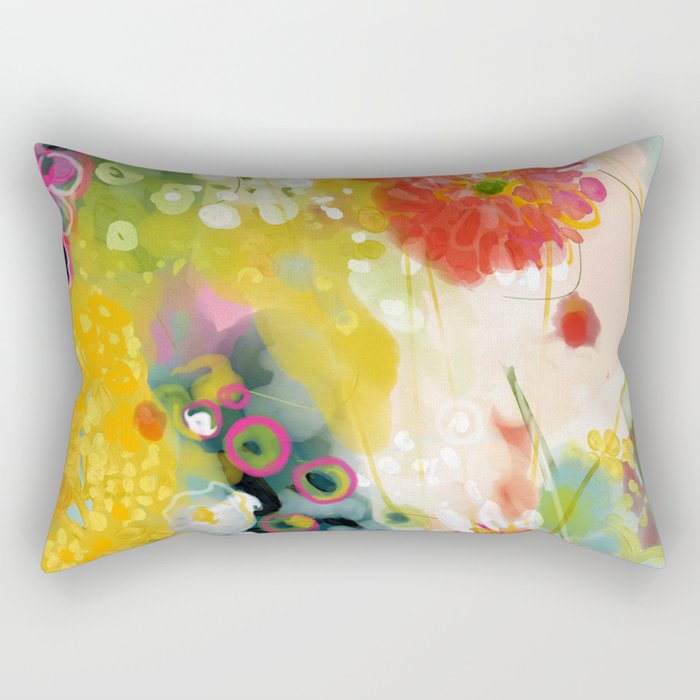 Abstract Floral Art In Yellow Green And Rose Magenta Colors Rectangular Pillow