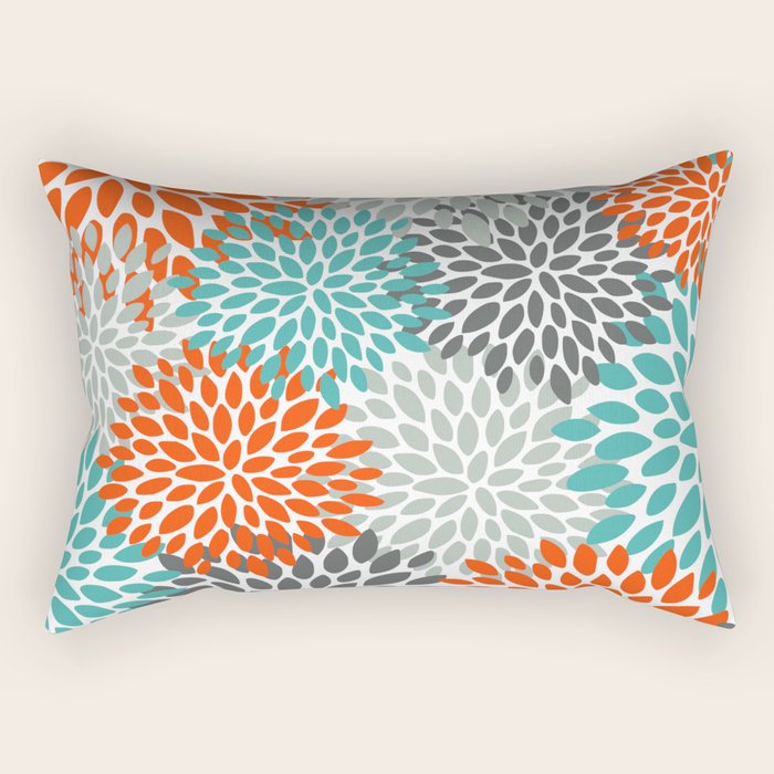 Floral Pattern, Abstract, Orange, Teal And Gray Rectangular Pillow