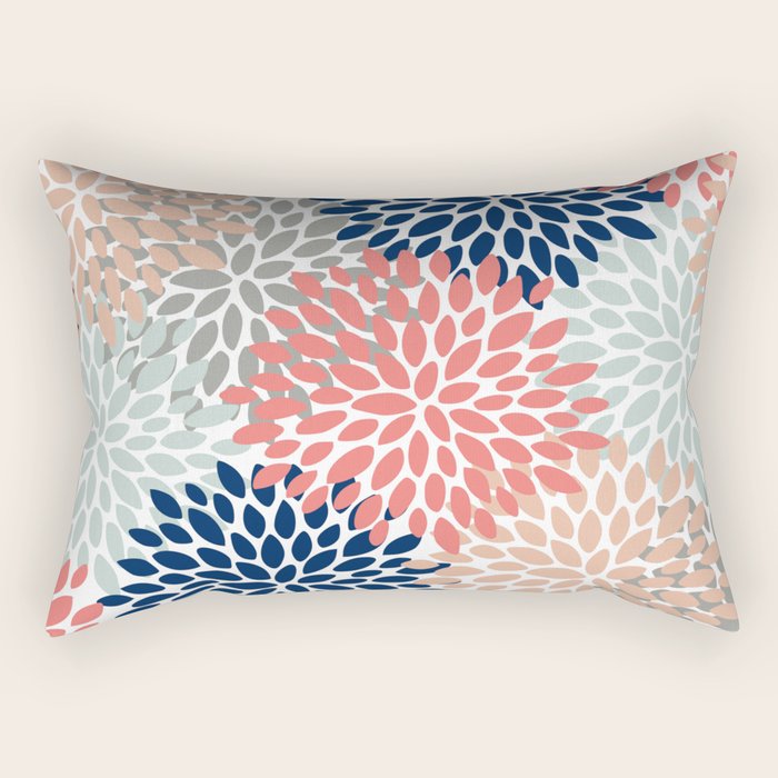Floral Bloom Print, Living Coral, Pale Aqua Blue, Gray, Navy Rectangular Pillow