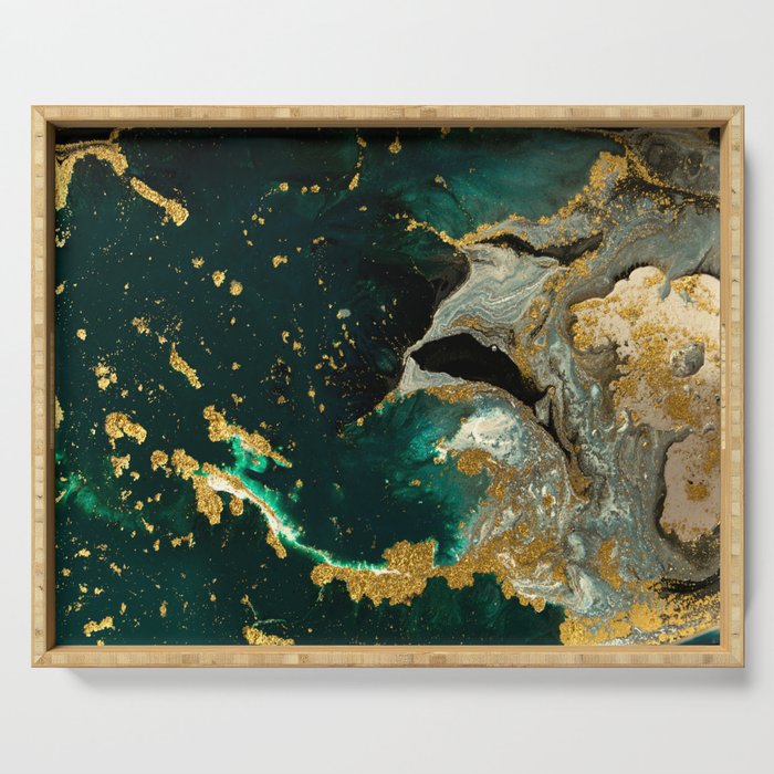Abstract Pour Painting Liquid Marble Abstract Dark Green Painting Gold Accent Agate Stone Layers Serving Tray