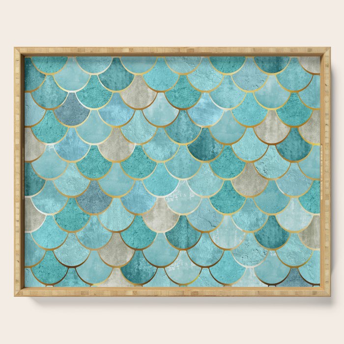 Moroccan Mermaid Fish Scale Pattern, Aqua,Teal Serving Tray