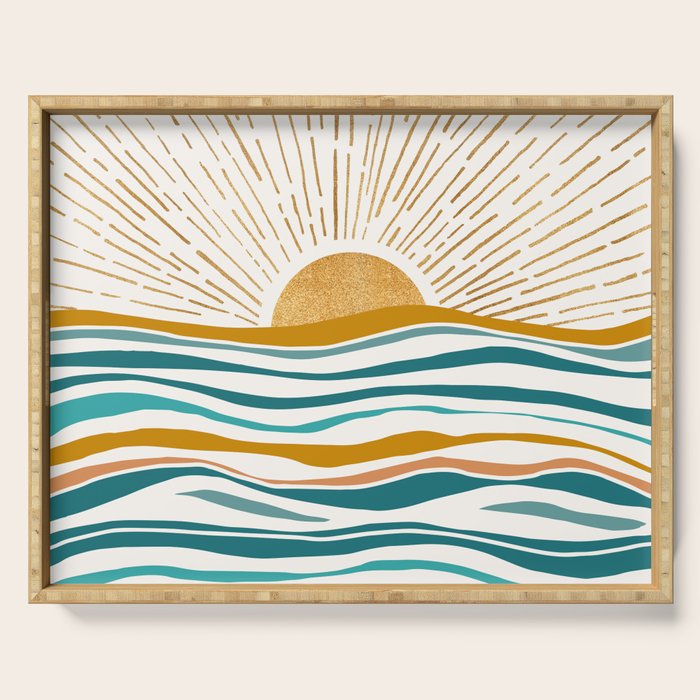 The Sun And The Sea - Gold And Teal Serving Tray