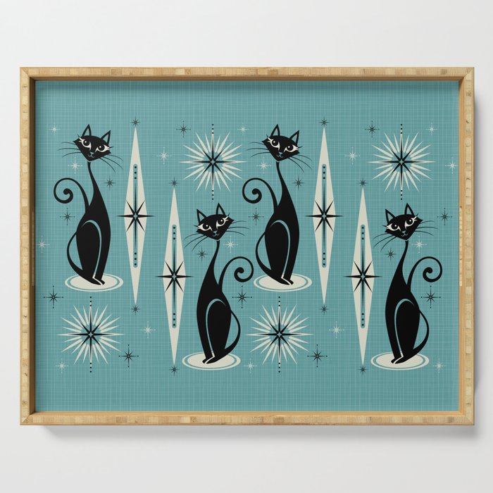 Mid Century Meow Retro Atomic Cats On Blue Serving Tray