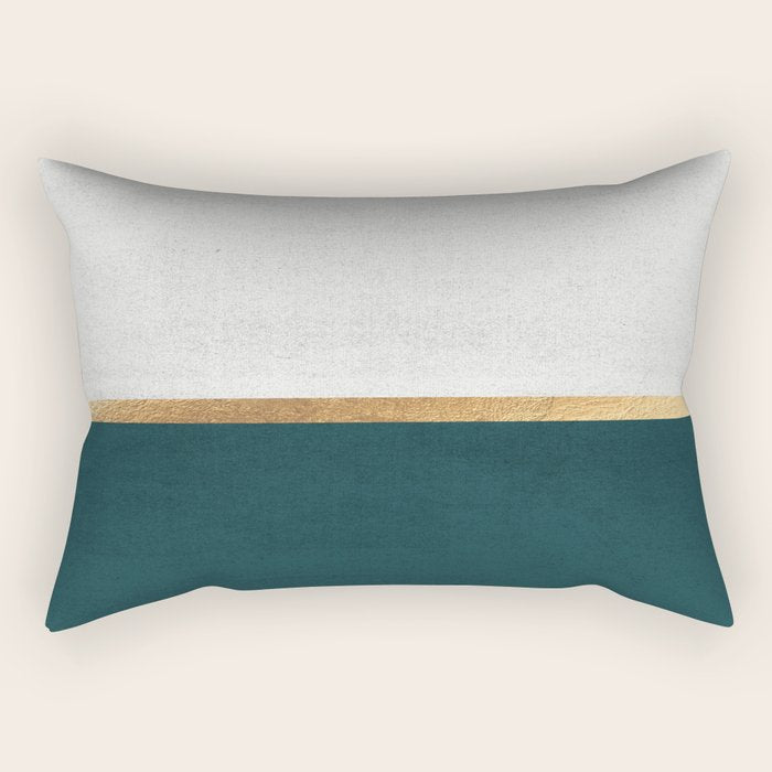 Deep Green, Gold And White Color Block Rectangular Pillow