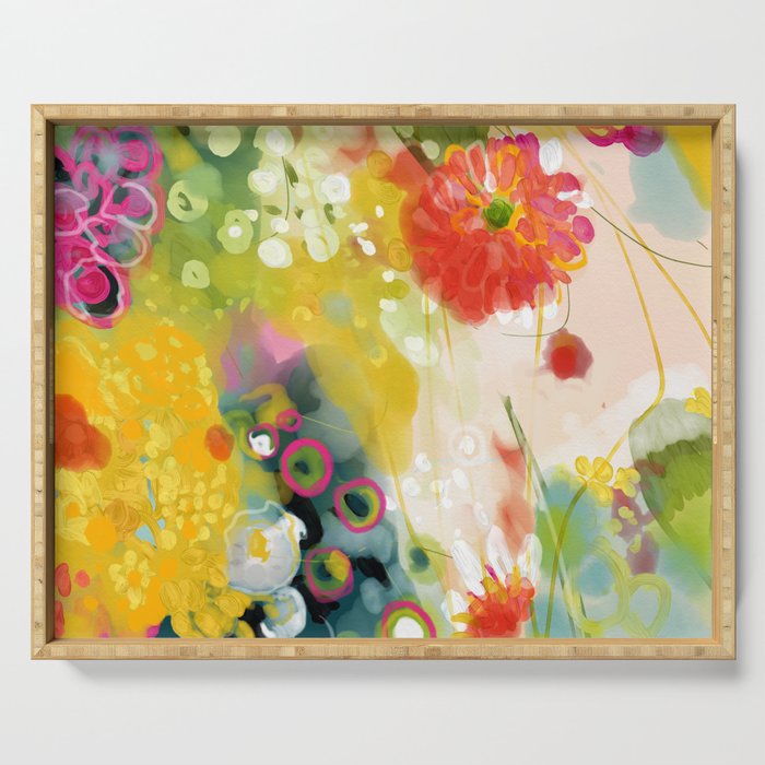 Abstract Floral Art In Yellow Green And Rose Magenta Colors Serving Tray