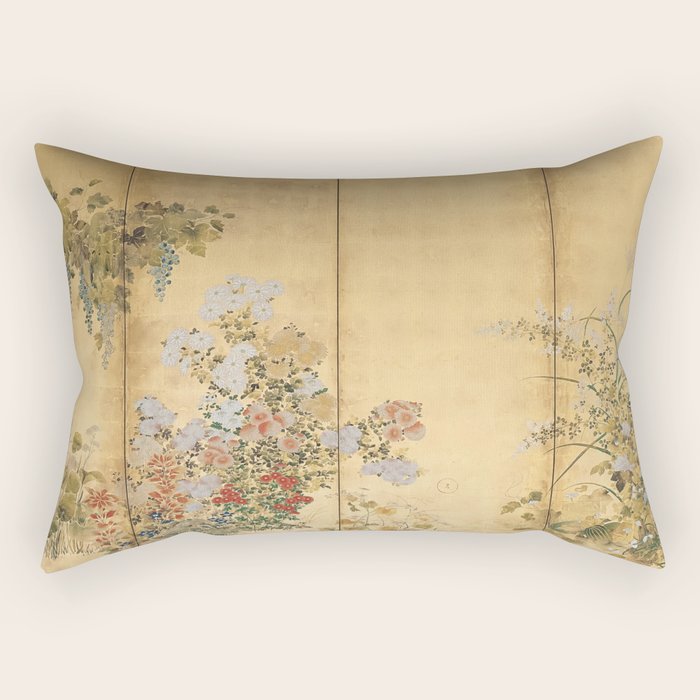 Japanese Edo Period Six-Panel Gold Leaf Screen - Spring And Autumn Flowers Rectangular Pillow