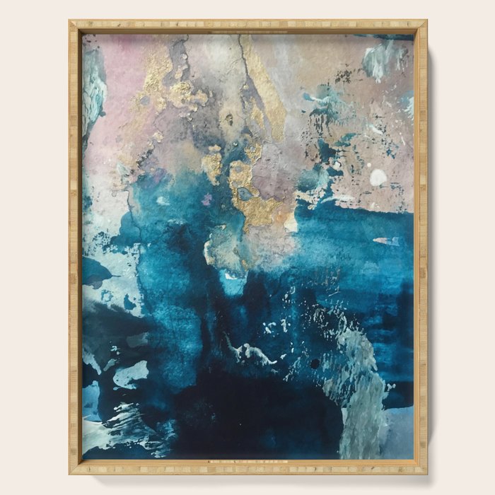 Timeless: A Gorgeous, Abstract Mixed Media Piece In Blue, Pink, And Gold By Alyssa Hamilton Art Serving Tray