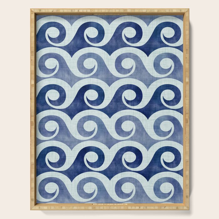 Indigo Geometric Beach Waves Serving Tray