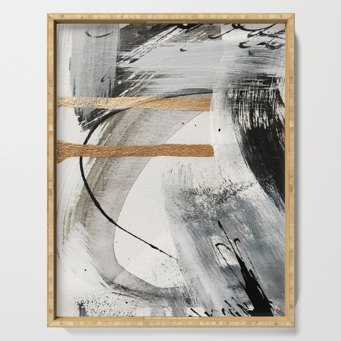 Armor [7]: A Bold Minimal Abstract Mixed Media Piece In Gold, Black And White Serving Tray