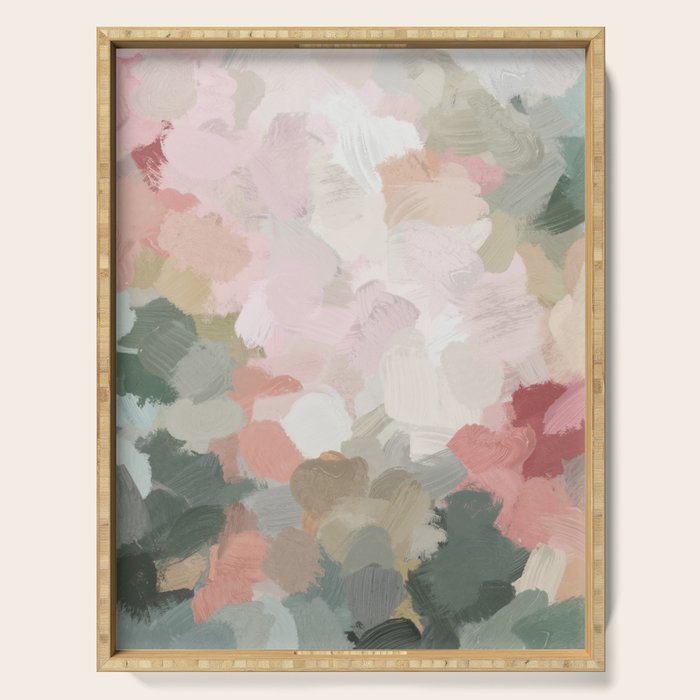 Time To Bloom - Forest Green Fuchsia Blush Pink Abstract Flower Spring Painting Art Serving Tray