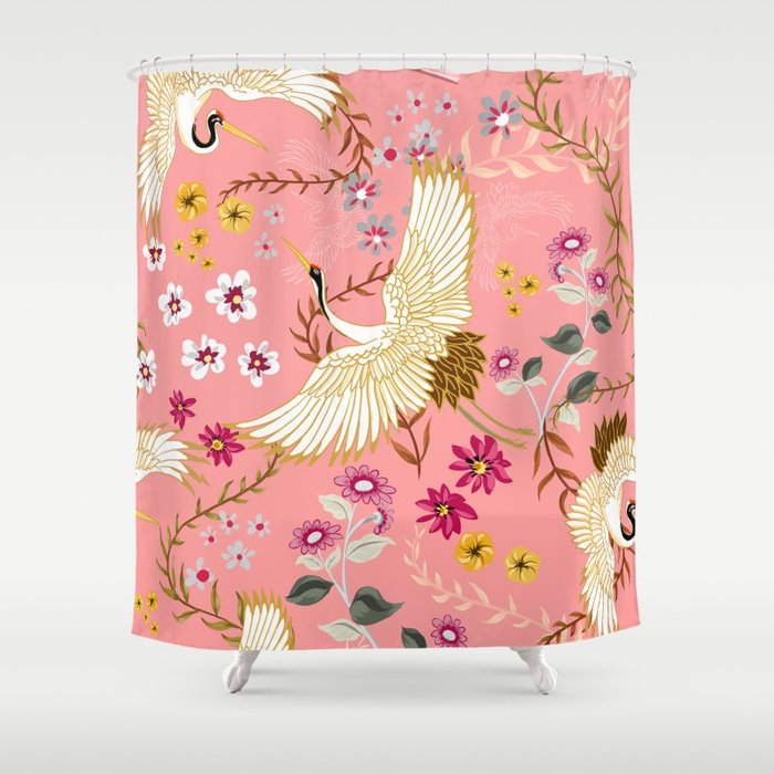 Chinoiserie Cranes On Pink, Birds, Flowers, Shower Curtain