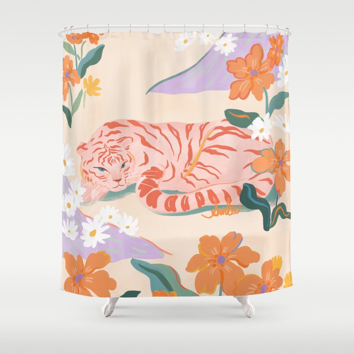 Pink Tiger In Wild Garden  Shower Curtain