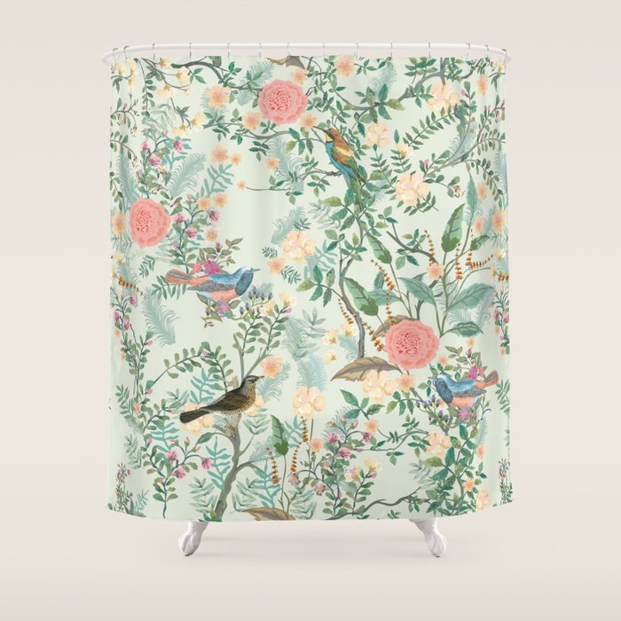 Chinoiserie Mint Green Pink Fresco Floral Garden Oriental Botanical  Shower Curtain
