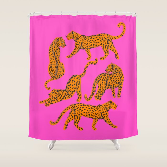 Abstract Leopard With Red Lips Illustration In Fuchsia Background Shower Curtain