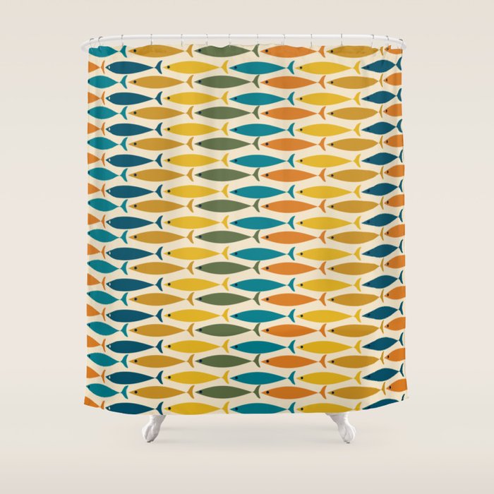 Mid-Century Modern Fish Stripes In Moroccan Teal, Green, Orange, Mustard, And Cream Shower Curtain