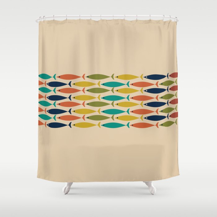 Midcentury Modern Multicolor Fish Stripe Pattern In Olive, Mustard, Orange, Teal, Beige Shower Curtain
