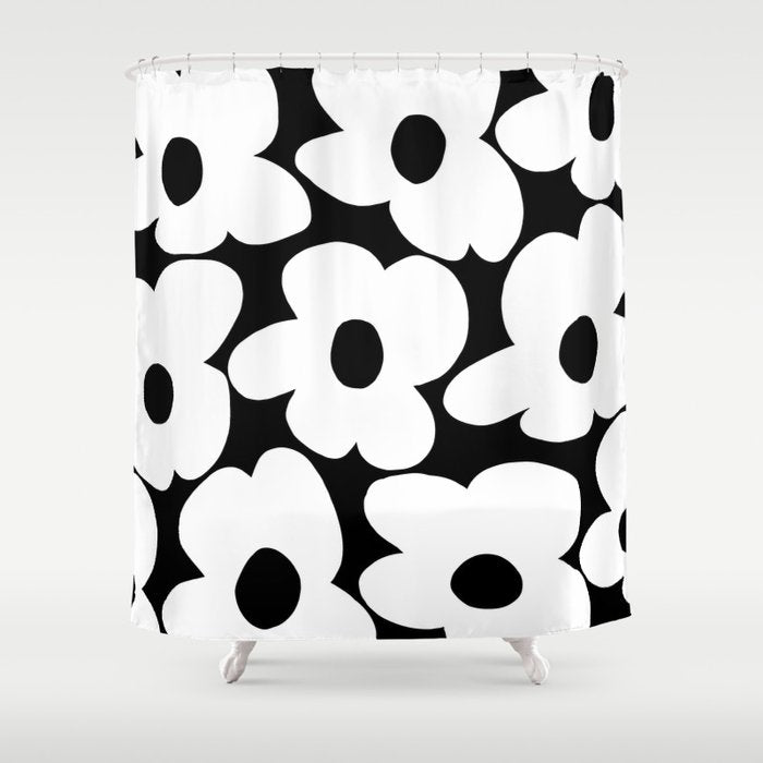 White Retro Flowers Black Background #Decor #Homestorie #Buyart Shower Curtain