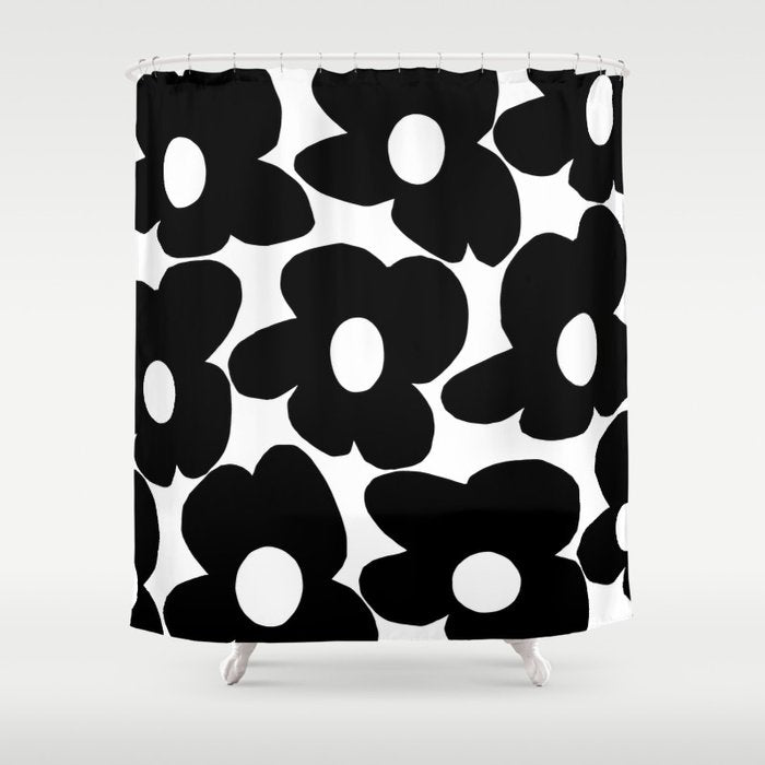 Black Retro Flowers White Background #Decor #Homestorie #Buyart Shower Curtain