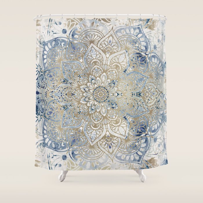 Mandala Flower, Blue And Gold, Floral Prints Shower Curtain