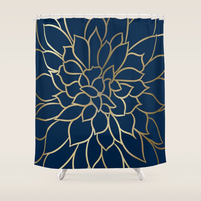 Floral Prints, Line Art, Navy Blue And Gold Shower Curtain