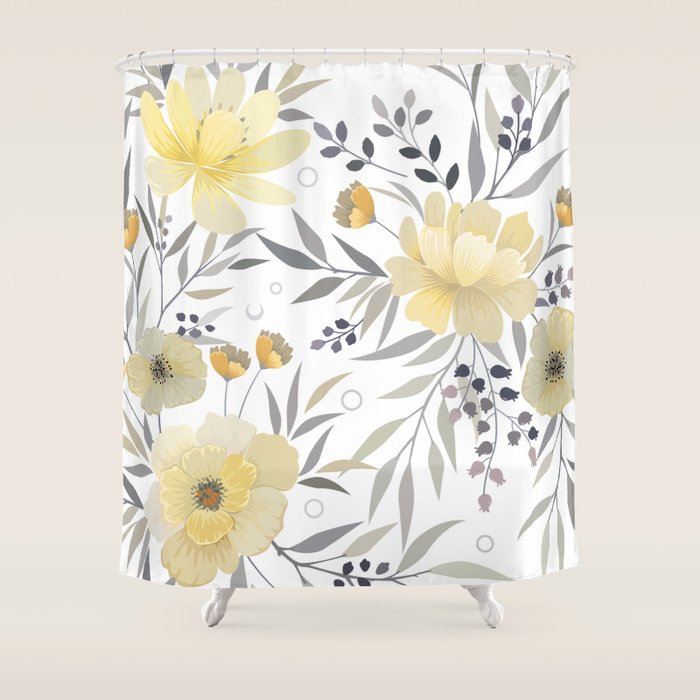 Modern, Floral Prints, Yellow, Gray And White Shower Curtain