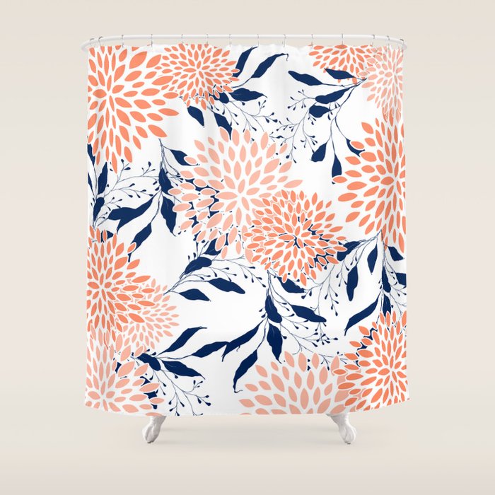 Floral Prints And Leaves, White, Coral And Navy Shower Curtain