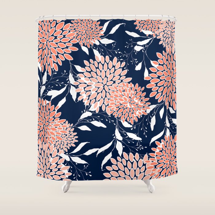 Floral Blooms And Leaves, Navy, Coral And White Shower Curtain