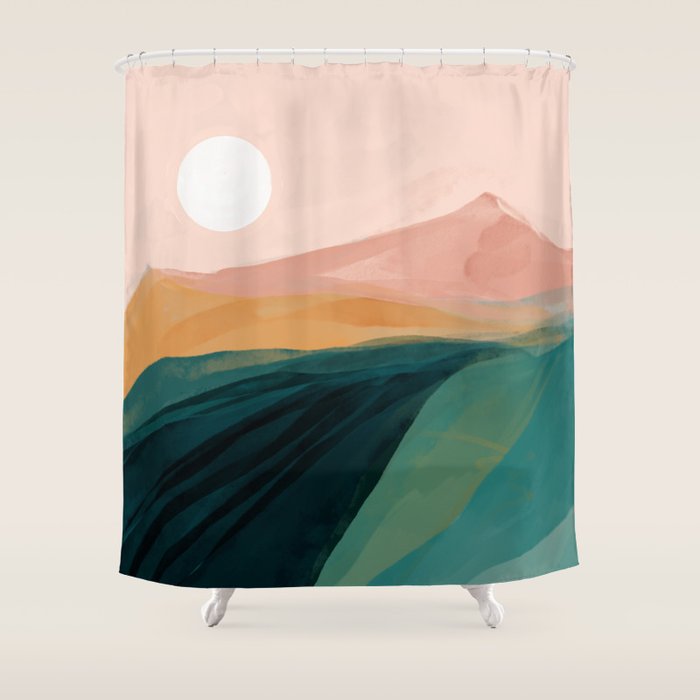 Pink, Green, Gold Moon Watercolor Mountains Shower Curtain