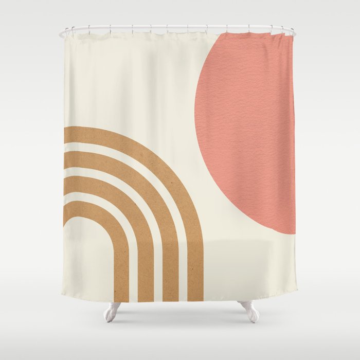 Mid Century Modern Pink Sun And Rainbow Shower Curtain