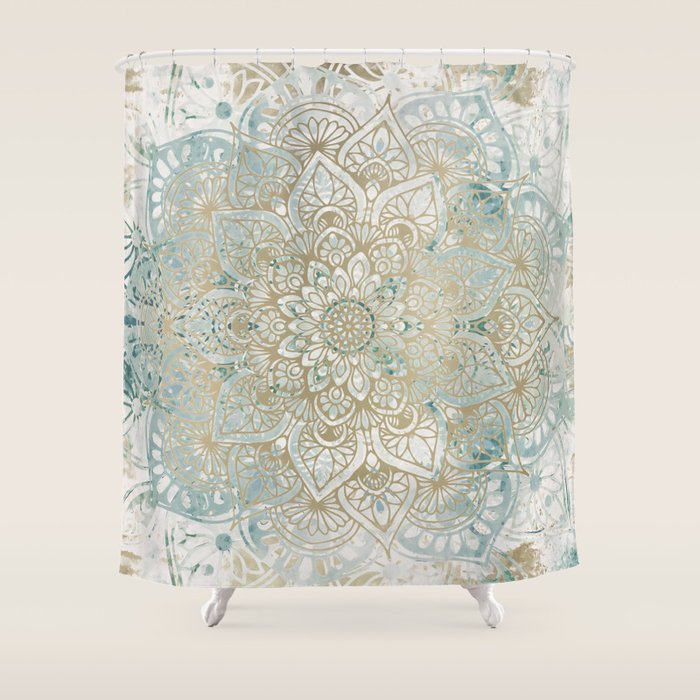 Yoga, Mandala, Teal And Gold, Wall Art Boho Shower Curtain