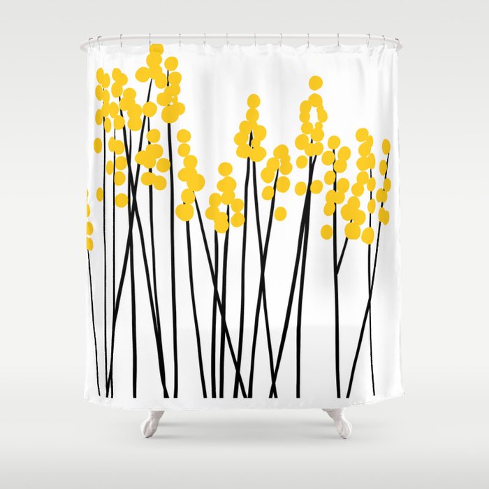 Hello Spring! Yellow/Black Retro Plants On White #Decor #Homestorie #Buyart Shower Curtain