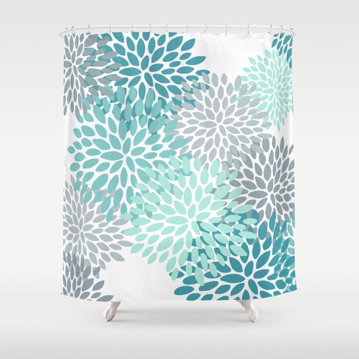 Floral Pattern, Aqua, Teal, Turquoise And Gray Shower Curtain