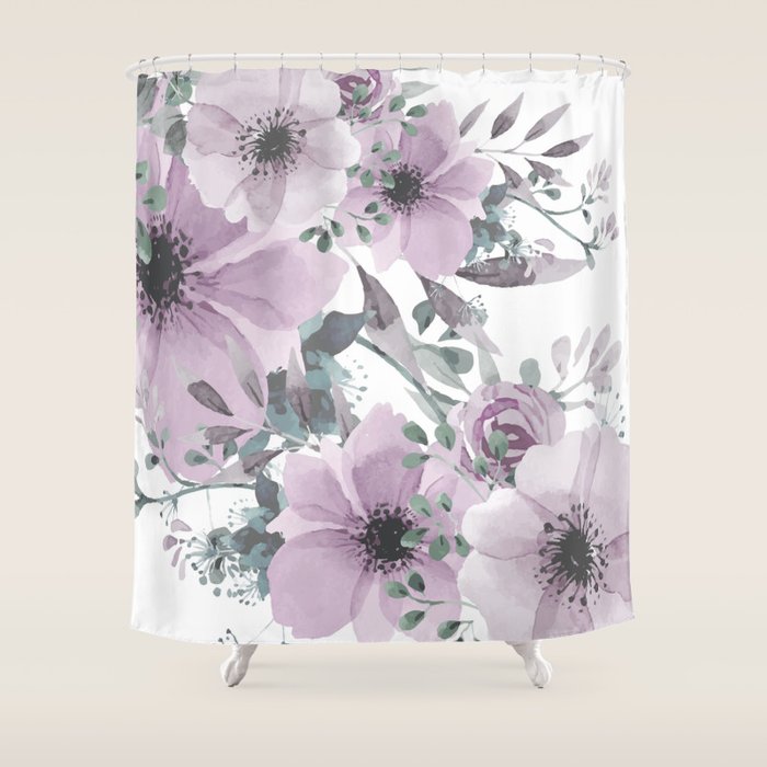 Floral Watercolor, Purple And Gray Shower Curtain