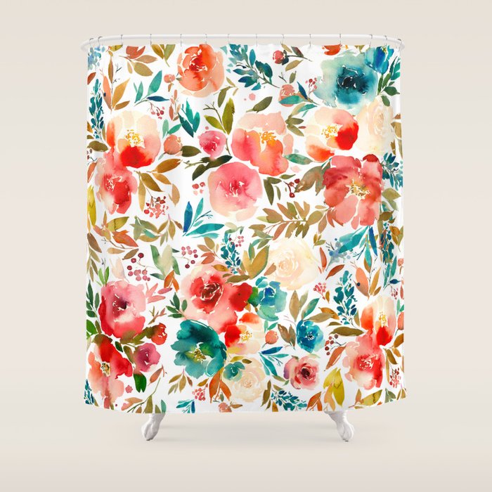 Red Turquoise Teal Floral Watercolor Shower Curtain