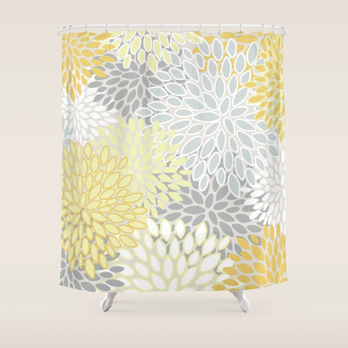 Floral Prints, Soft, Yellow And Gray, Modern Print Art Shower Curtain