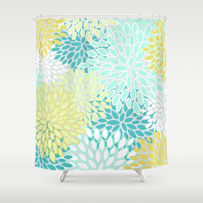Floral Prints, Teal, Turquoise And Yellow Shower Curtain