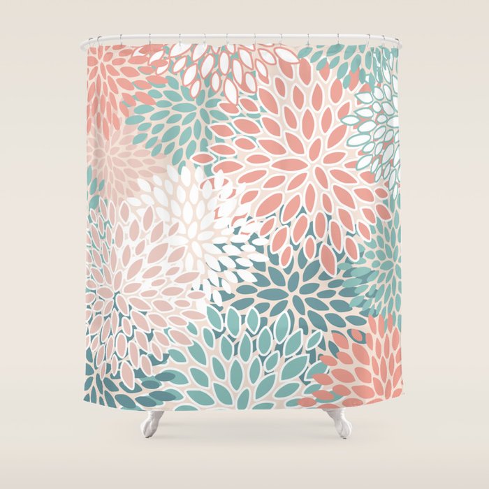 Festive, Floral Prints, Teal, Peach, Coral Shower Curtain