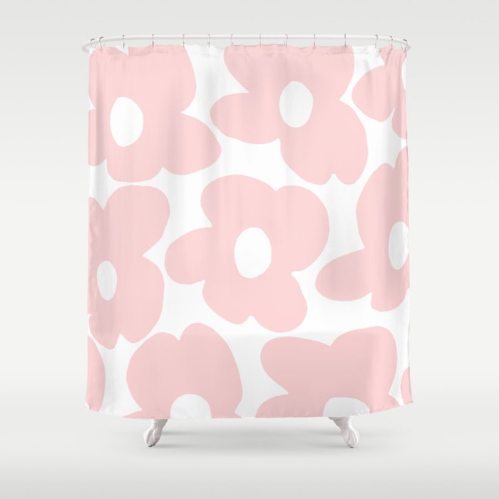 Large Baby Pink Retro Flowers On White Background #Decor #Homestorie #Buyart Shower Curtain