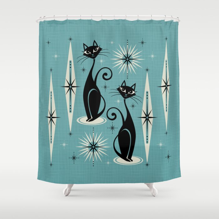 Mid Century Meow Retro Atomic Cats On Blue Shower Curtain