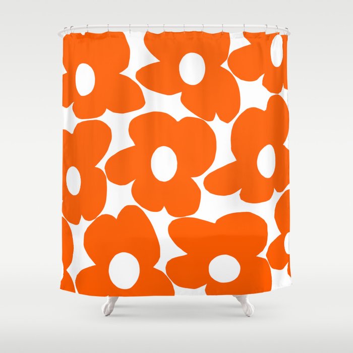 Orange Retro Flowers White Background #Decor #Homestorie #Buyart Shower Curtain